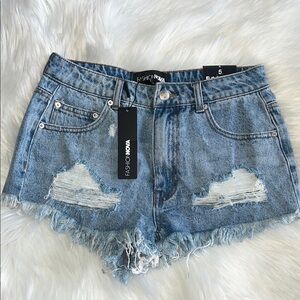 Fashion Nova Blue Jean Shorts with Distressed Details